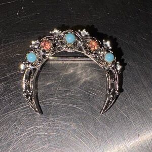 Gerry’s Signed Vintage Crescent Moon Brooch with turquoise and rhinestone accent